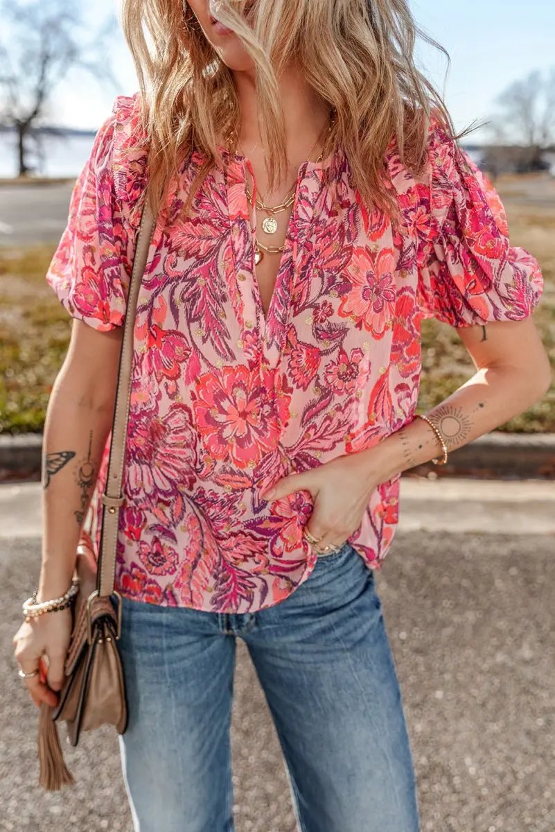 Red Floral Print Ruffled Puff Short Sleeve Blouse for Women - Love Salve